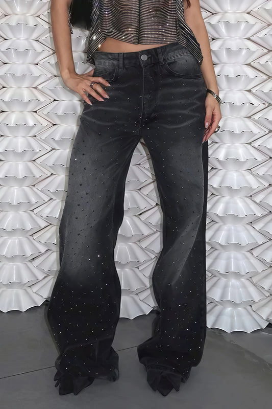 Vintage-Jeans mit Strasssteinen, Used-Look, niedrigem Bund und weitem Bein