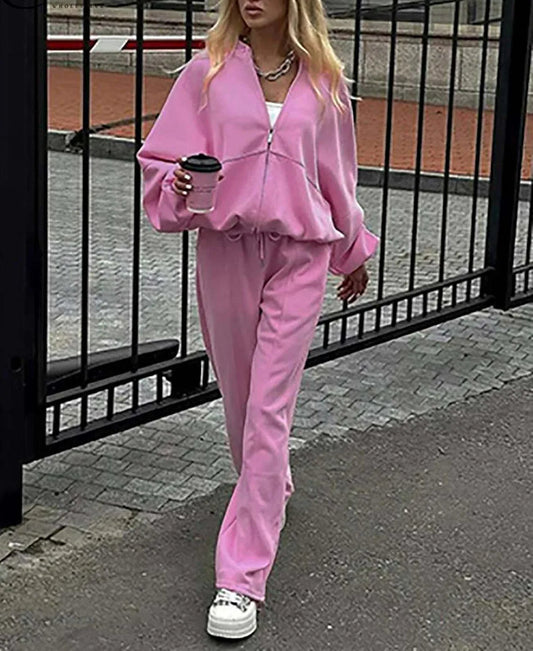 Rosa Lockeres Zweiteiler-Set fürs Büro mit Reißverschluss und Kordelzug