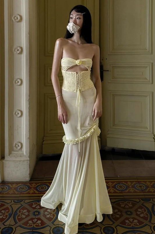 Solid Floral Patchwork Boned Tie Ruched Elegant Maxi Dress