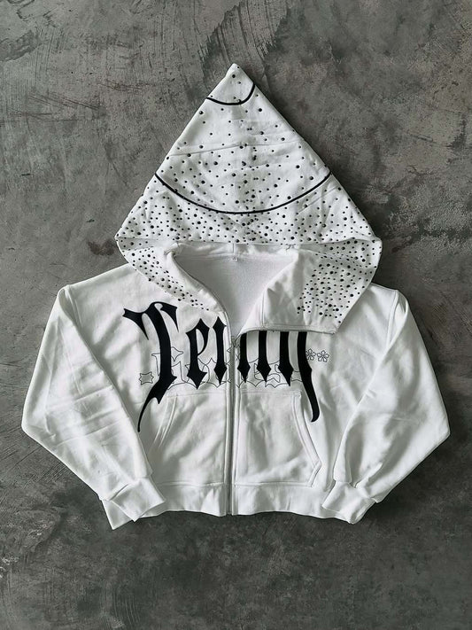 Asymmetrischer Kapuzenpullover mit einzigartigem Print und Reißverschluss