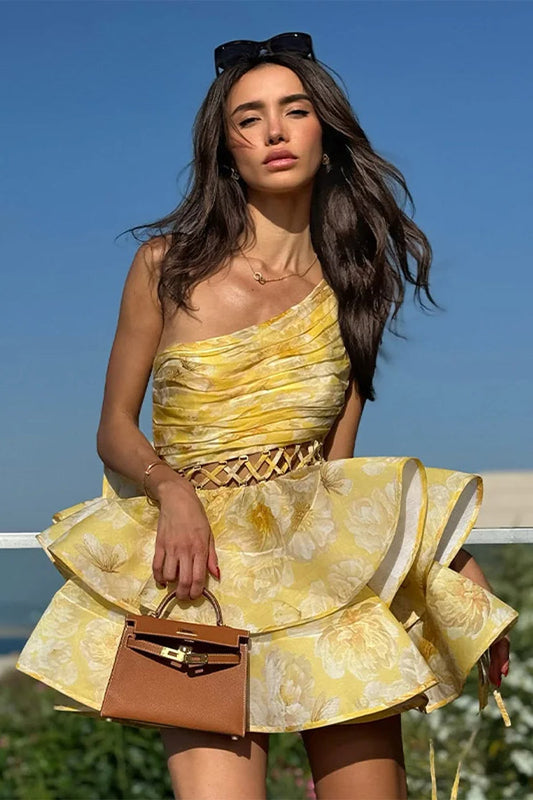 Kleid mit One-Shoulder-Ausschnitt, Rüschen und Blumenmuster