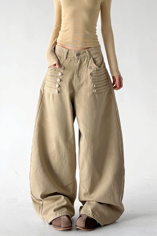 Side Button Khaki Wide Leg Jeans