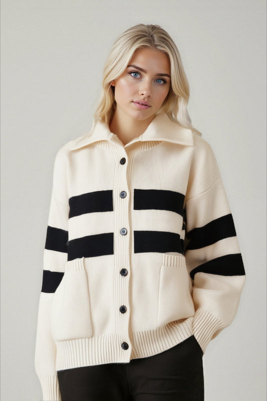 Farbblock-Streifen-Rollkragenpullover, locker geschnitten, Strickcardigan in Übergröße