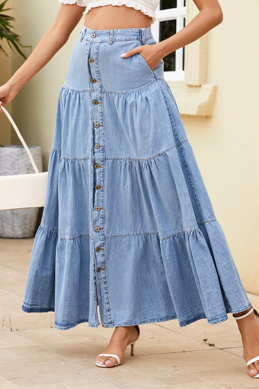 Tiered Button Front Denim Maxi Skirt