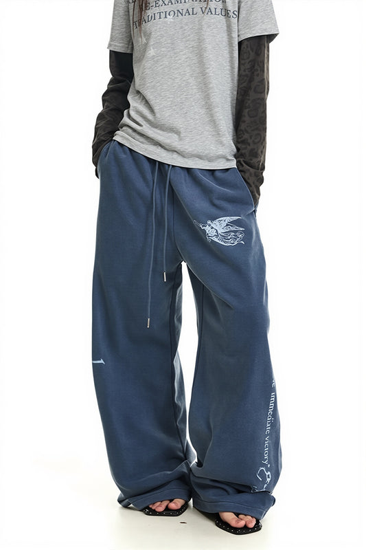 Letter Print Drawstring Wide Leg Pants