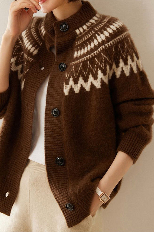 Fair Isle Color Block Geometric Crew Neck Retro Strickcardigan