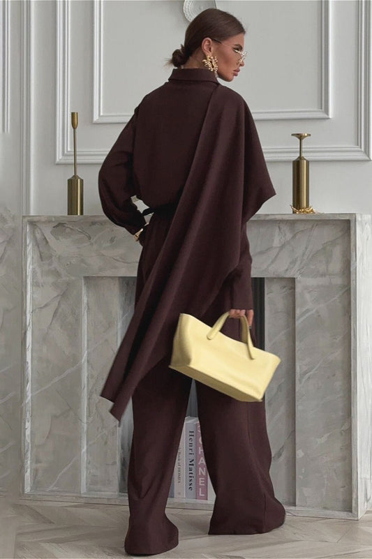 Vintage Chic Revers Schal Top & Weite Hose Zweiteiliges Set