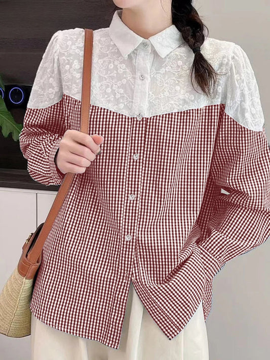 Lace Stitching Plaid Long Sleeve Blouse Bohemian Blouse Wine Red / S blouse-250126