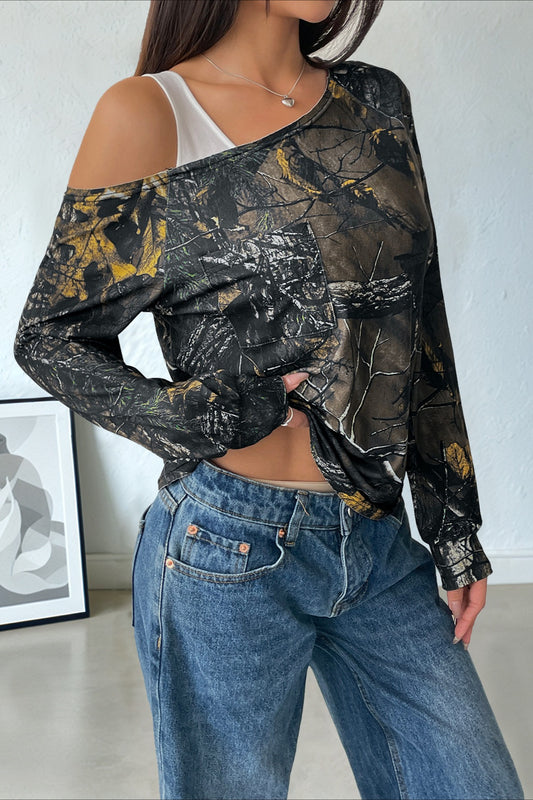 Patchwork-Langarmshirt mit asymmetrischem Schulterausschnitt und Lagenlook