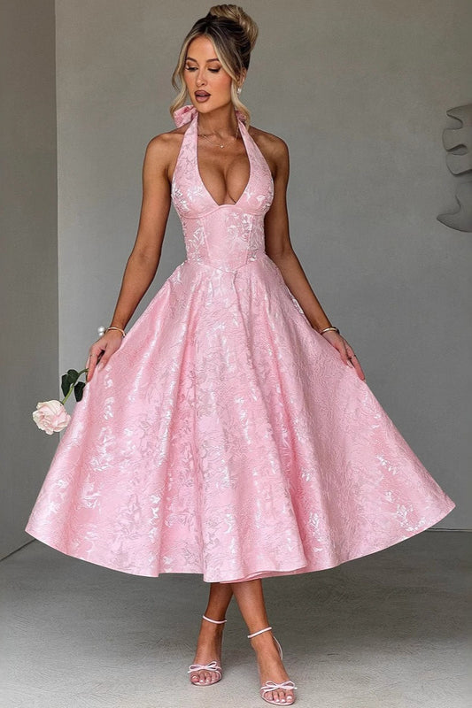 Jacquard Halter V-Neck Party Dress S / Pink