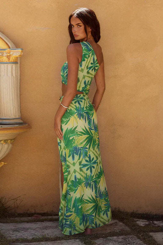 Maxikleid mit asymmetrischer Schulterpartie und figurbetonter Taille