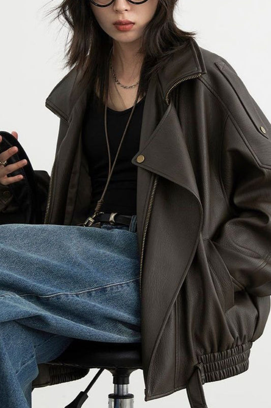 Oversized Moto Leather Jacket Brown / S