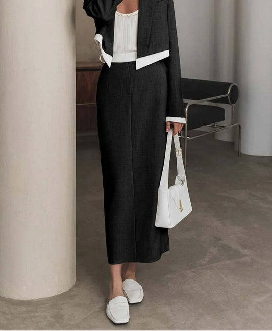 Schwarzes Patchwork-Set fürs Büro, schmal und gerade, zweiteilig