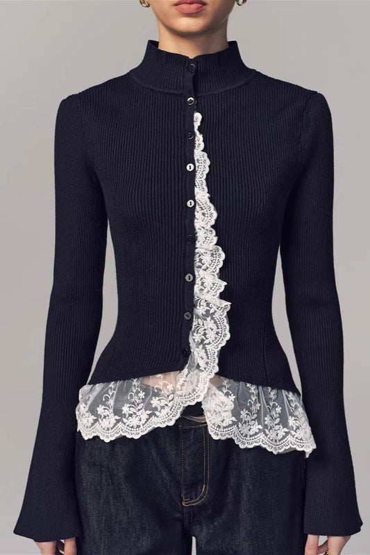 Lace Trim High Neck Button Cardigan