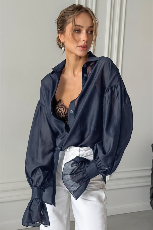 Sheer Balloon Sleeve Button Blouse
