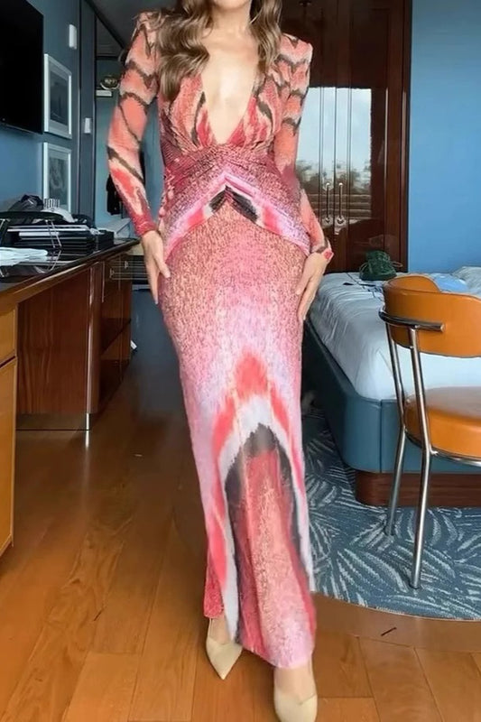 Sexy, figurbetontes Maxikleid mit V-Ausschnitt und Blumenmuster und langen Ärmeln