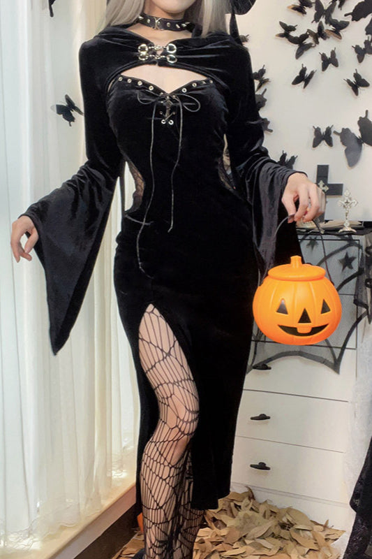 Dunkles Gothic-Kleid mit Kapuze und Spinnennetz-Muster