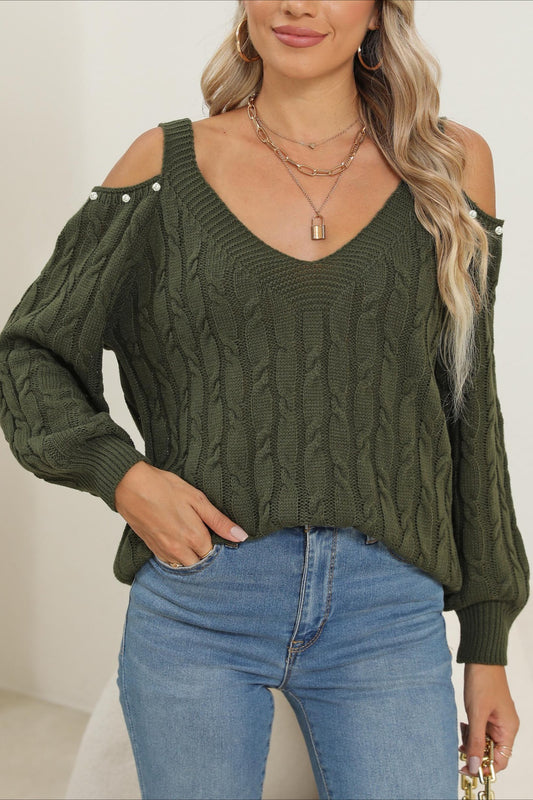 Sexy, schulterfreier, lockerer Pullover mit tiefem V-Ausschnitt