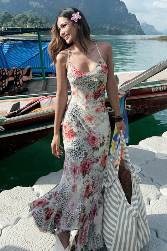 Rückenfreies Maxikleid mit Leopardenmuster und Blumenmuster