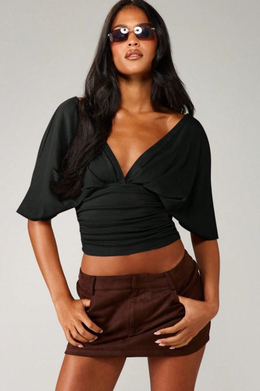 Chic Deep V Neck Knot Front Ruched Crop T-shirt