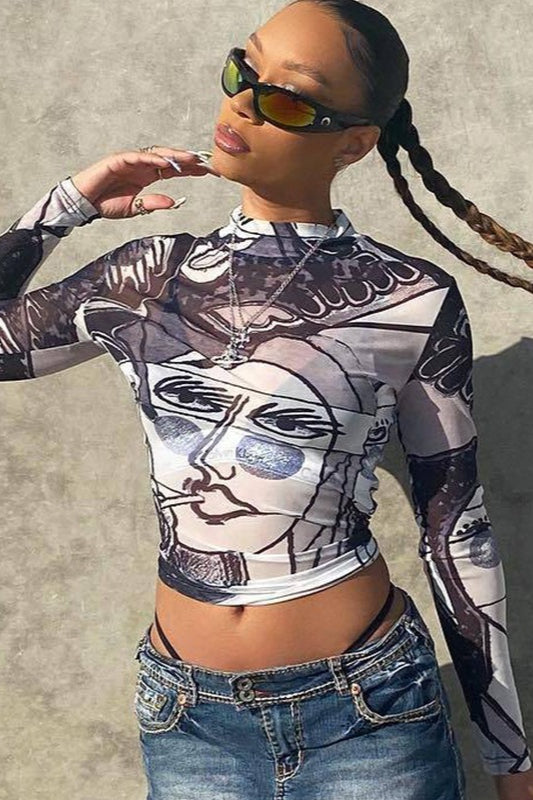 Sexy Bluse mit transparentem Mesh-Print, Rundhalsausschnitt und langen Ärmeln
