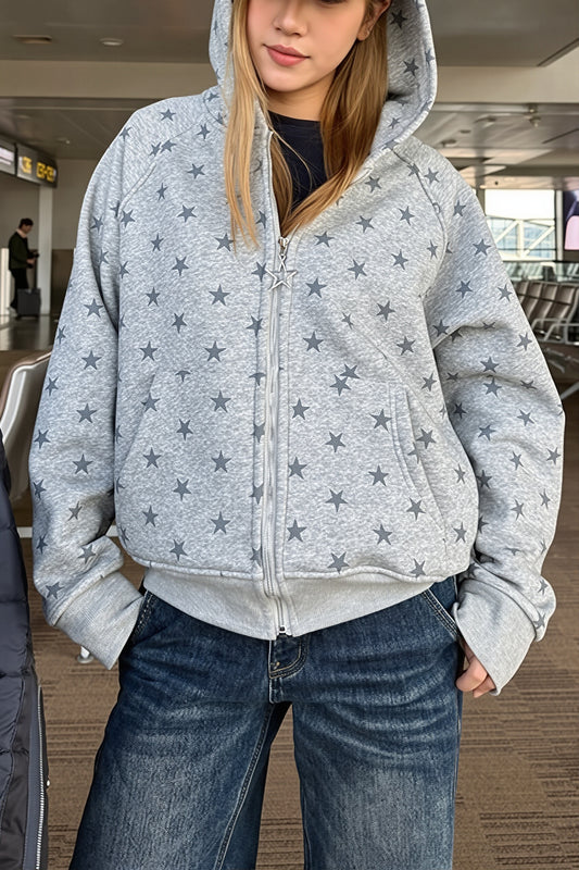 Casual Full Star Print Zip Hoodie