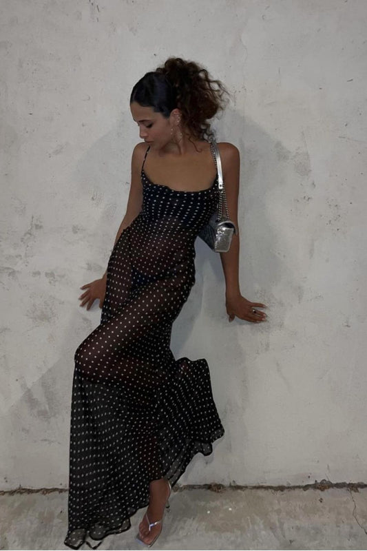 Rückenfreies Camisole-Maxikleid mit Polka Dot-Muster und quadratischem Ausschnitt