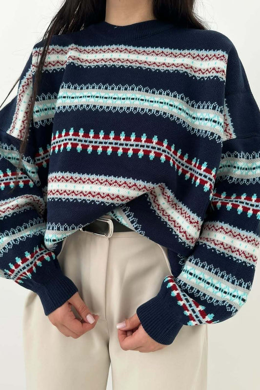 Fair Isle Jacquard Streifen Farbblock Strickpullover