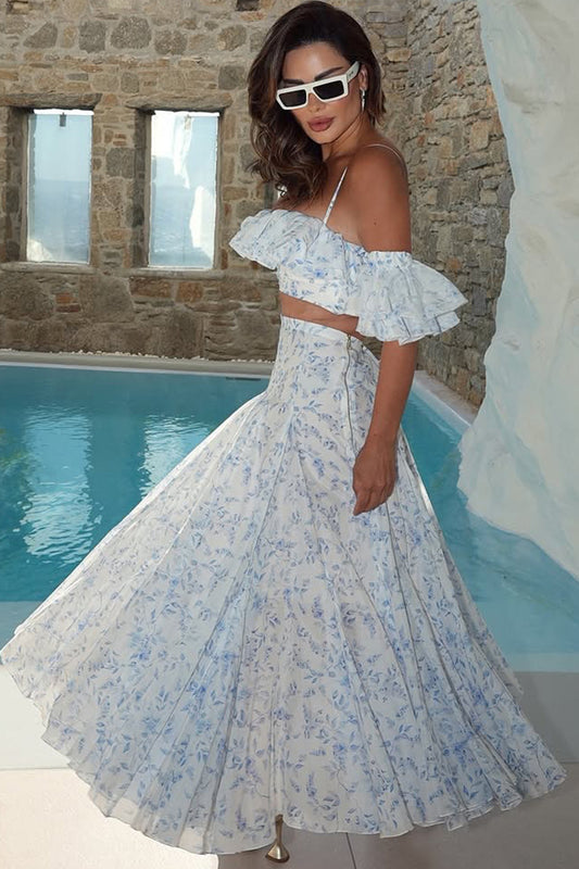 Zweiteiliges Set aus schulterfreiem Maxikleid mit floralem Rüschen-Camisole