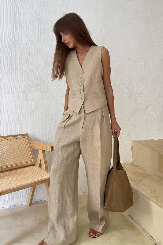 Button Vest Relaxed Low Rise Pants Set