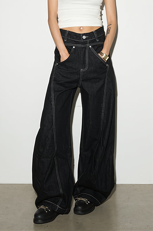 Asymmetric Waist Black Wide Leg Jeans