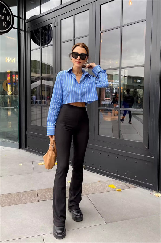 Gestreifte, langärmelige, lockere Kurzarmbluse