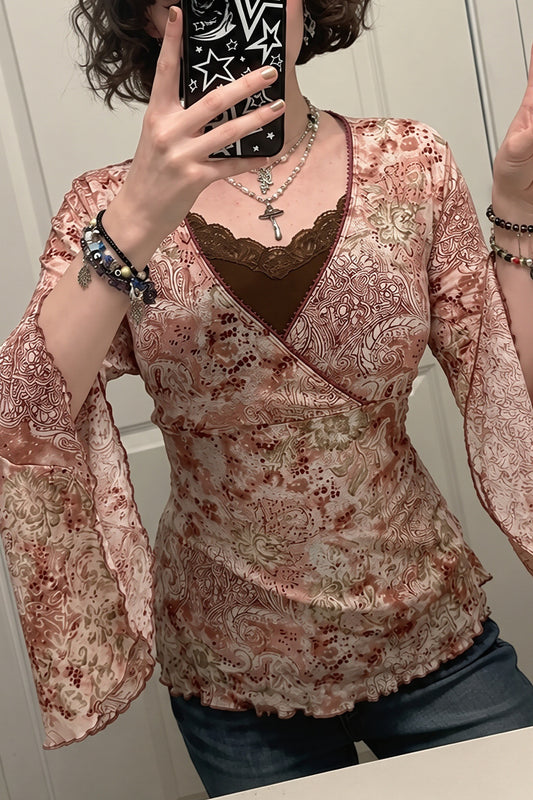 Floral Print Lace Inset Flared Sleeve Blouse