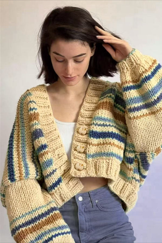Lässiger Cardigan mit V-Ausschnitt und Farbblockmuster