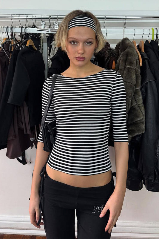 Vintage-Bluse aus figurbetontem Strick mit Farbblock-Streifen und Jacquardmuster