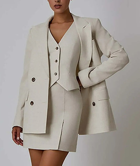 Aprikosenfarbenes, langärmliges, schmales Mini-Büro-Zweiteiler-Set