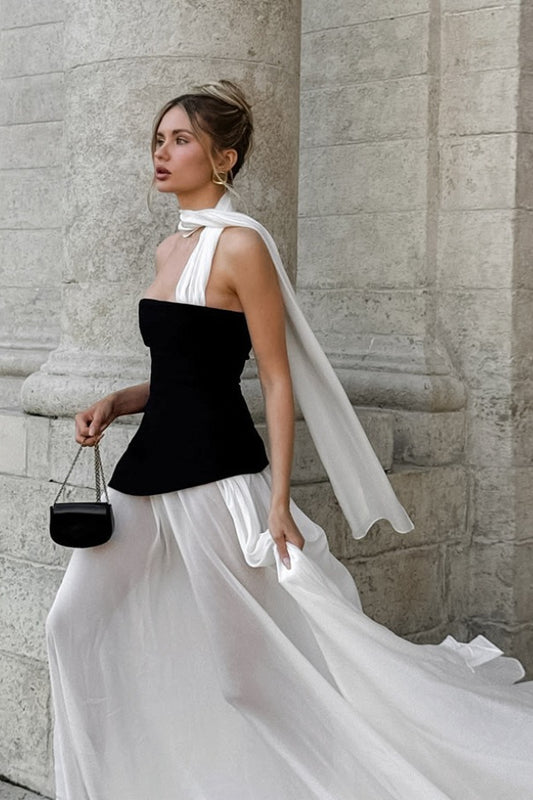 Elegant Flared Wavy Trim Color Block Maxi Dress