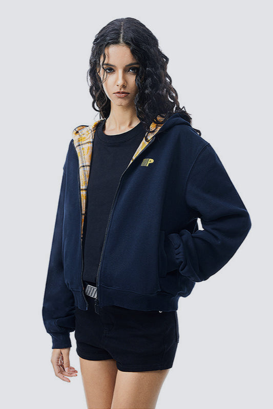 Karierter, farblich abgesetzter Kapuzenpullover mit Reißverschluss, locker geschnitten