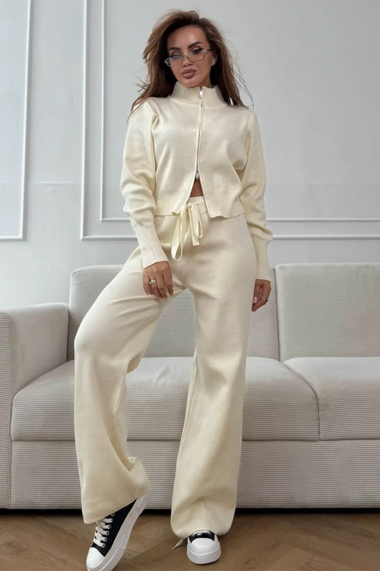 Zweiteiliges Set aus tailliertem Strick-Pendler-Outfit mit Zwei-Wege-Reißverschluss und taillierter Strickkonstruktion