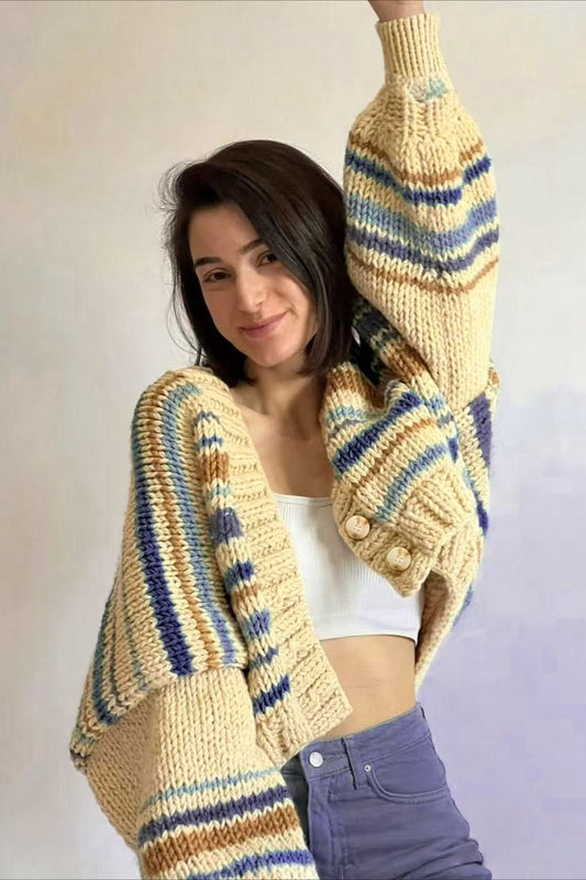 Lässiger Cardigan mit V-Ausschnitt und Farbblockmuster