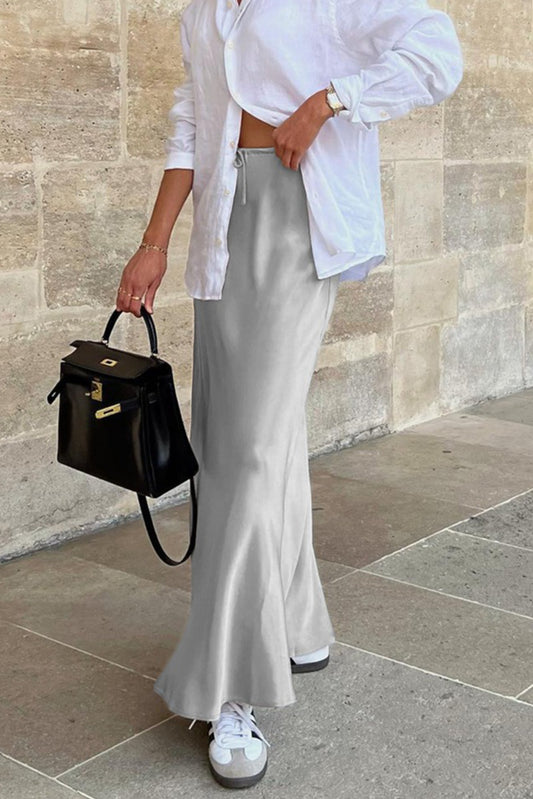 Drawstring Satin Gray Maxi Skirt