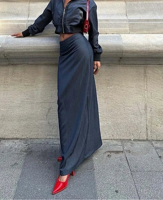 Blaues, kurzes, niedriges Zweiteiler-Set fürs Büro mit Reißverschluss