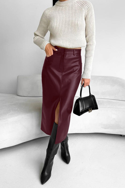 Faux-Leather Front-Slit Skirt