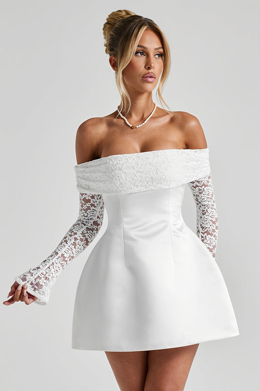 Off Shoulder Lace Sleeve A Line Mini Dress