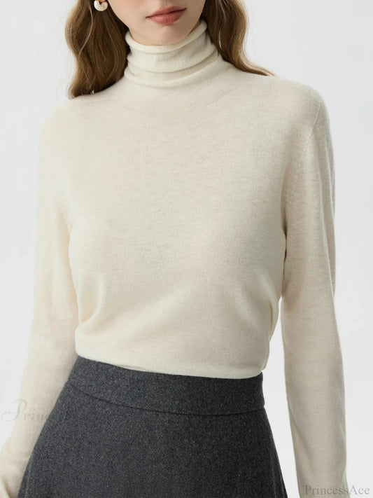 100% Wool Turtleneck Thin Wool Sweater WHITE / S
