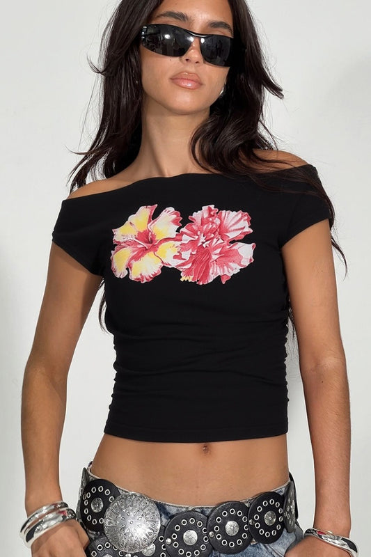 Chic Off Shoulder Floral Print Crop T-shirt