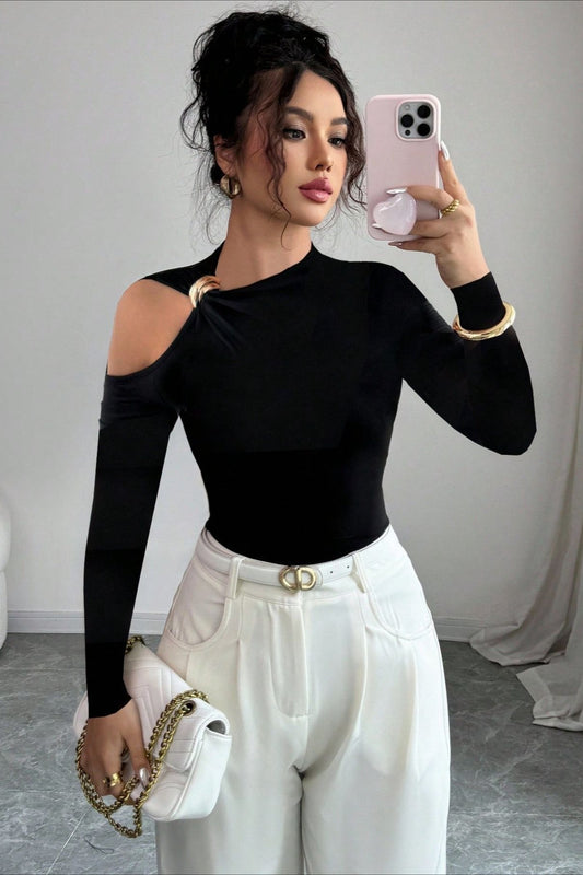 One Shoulder Metal Accent Cutout Top