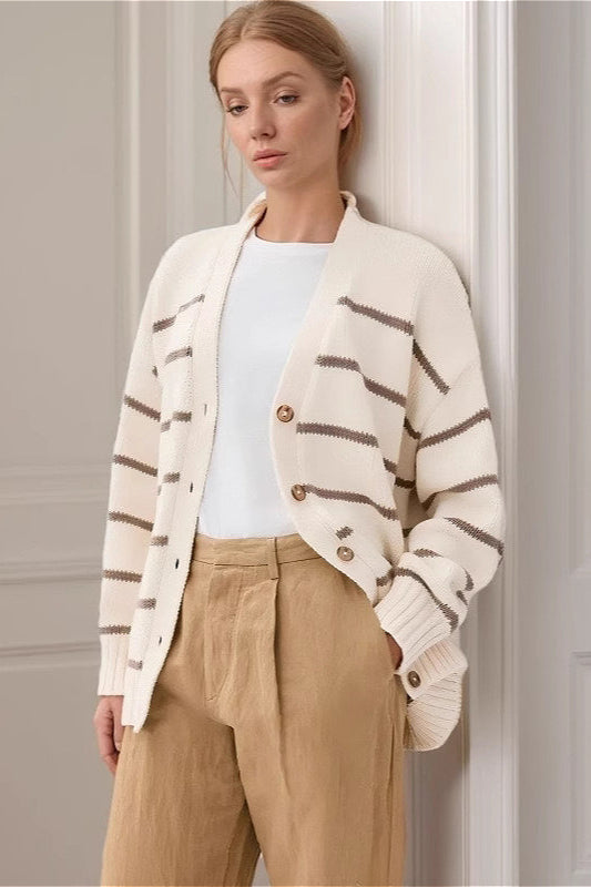 Gestreifte Strickjacke aus Baumwolle mit V-Ausschnitt