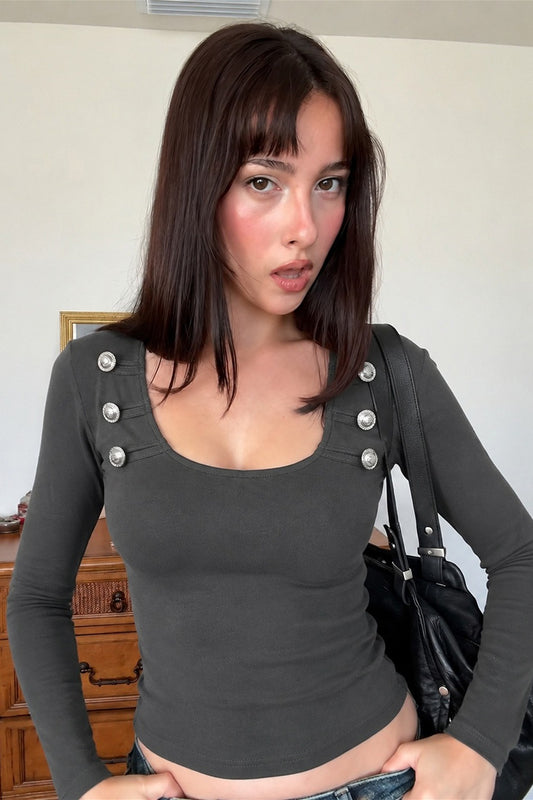 Double Button Scoop Neck Long Sleeve Tee