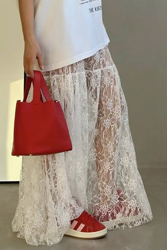 Transparenter A-Linien-Rock mit floraler Spitze und hoher Taille